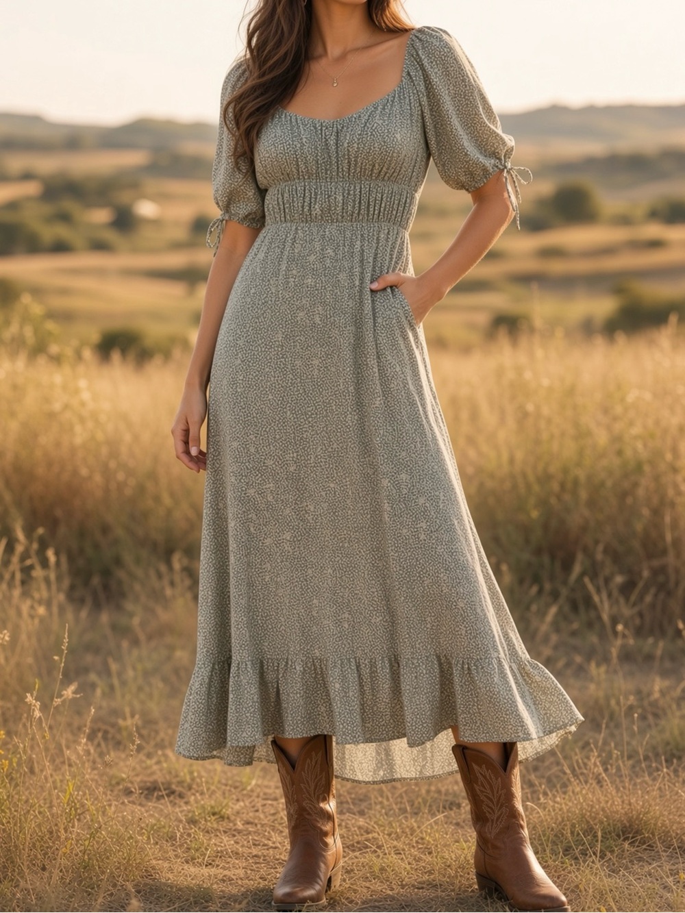 Elegant Green Floral Neutral Women's Midi Dress